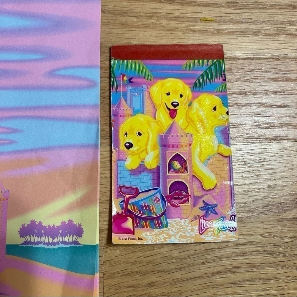 Vintage Lisa Frank Puppy Dog Sand Castle Beach Paper Notebook Pink Blue Yellow